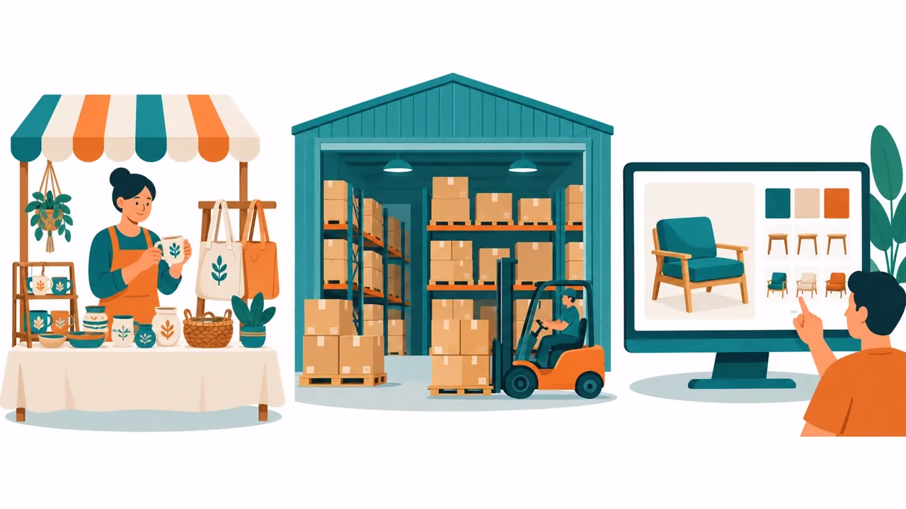 Illustration of three businesses: a handmade goods stall, a warehouse with boxes and a furniture configurator on a screen