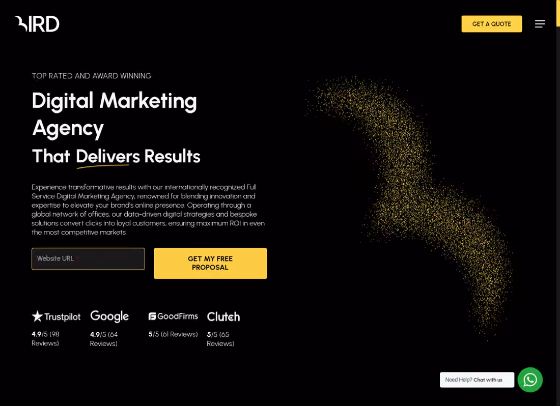 Bird Marketing desktop homepage showing its current services