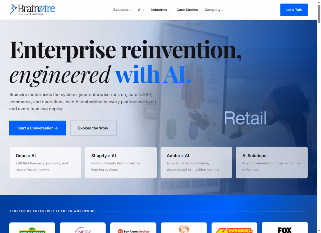 Brainvire desktop homepage showing its current services