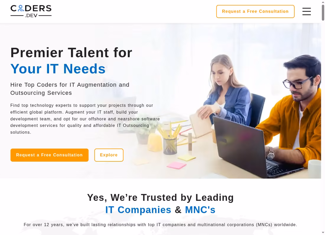 Coders.dev desktop homepage showing its current services