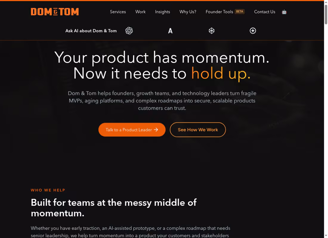 Dom & Tom desktop homepage showing its current services