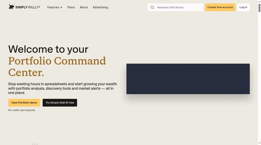 Simply Wall St homepage presenting its portfolio command center for stock research