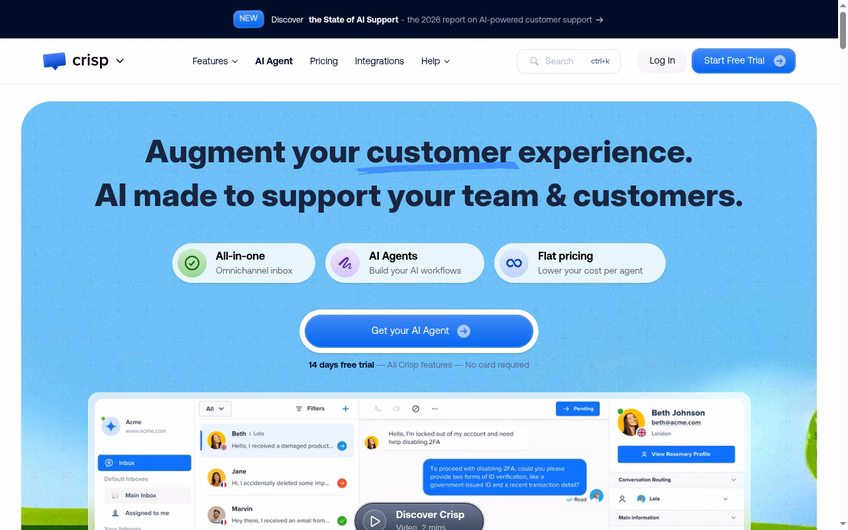 Crisp homepage showing an all-in-one omnichannel inbox with AI agents and flat pricing