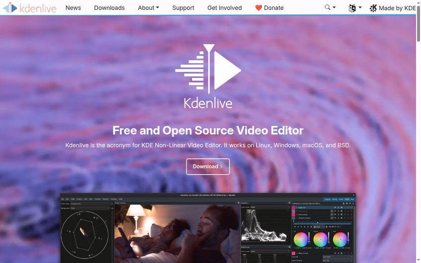 Kdenlive homepage describing the free and open source video editor for GNU/Linux, Mac OS X and Windows