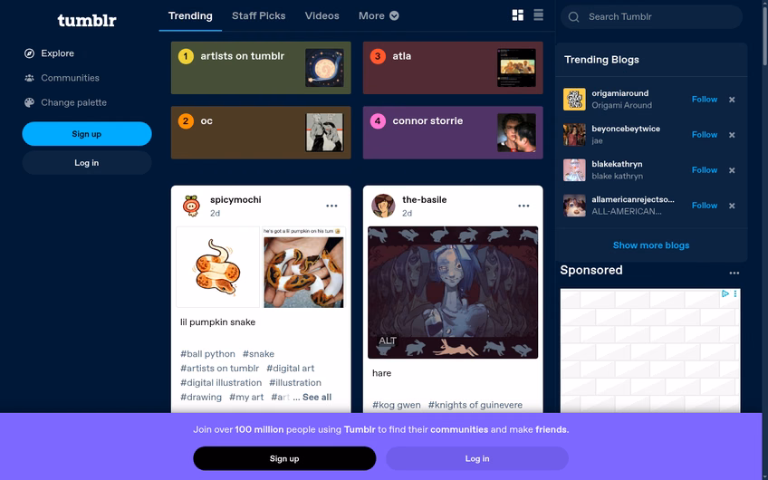 Tumblr explore page in October 2026, showing trending blogs and staff picks