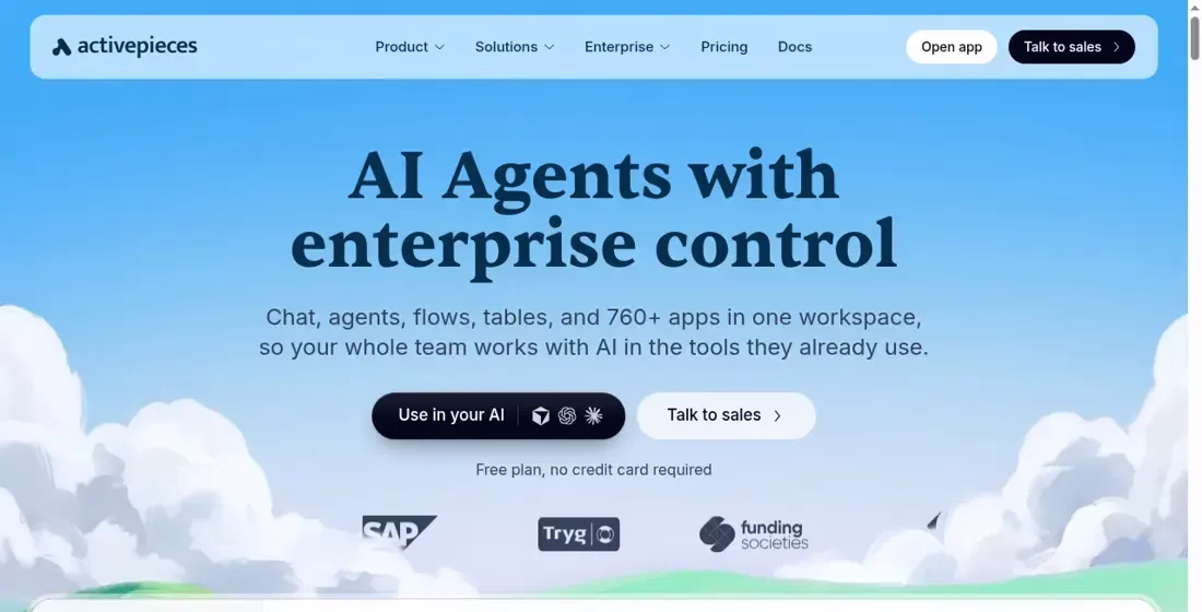Activepieces homepage for AI agents with enterprise control