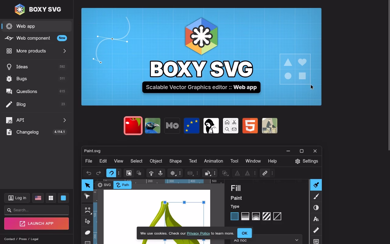 Boxy SVG official website hero showing SVG editing close to the web