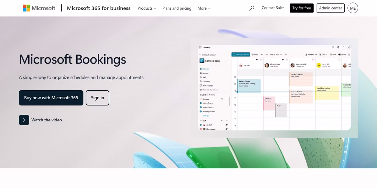 Microsoft Bookings page with the heading Microsoft Bookings and a calendar view of appointments