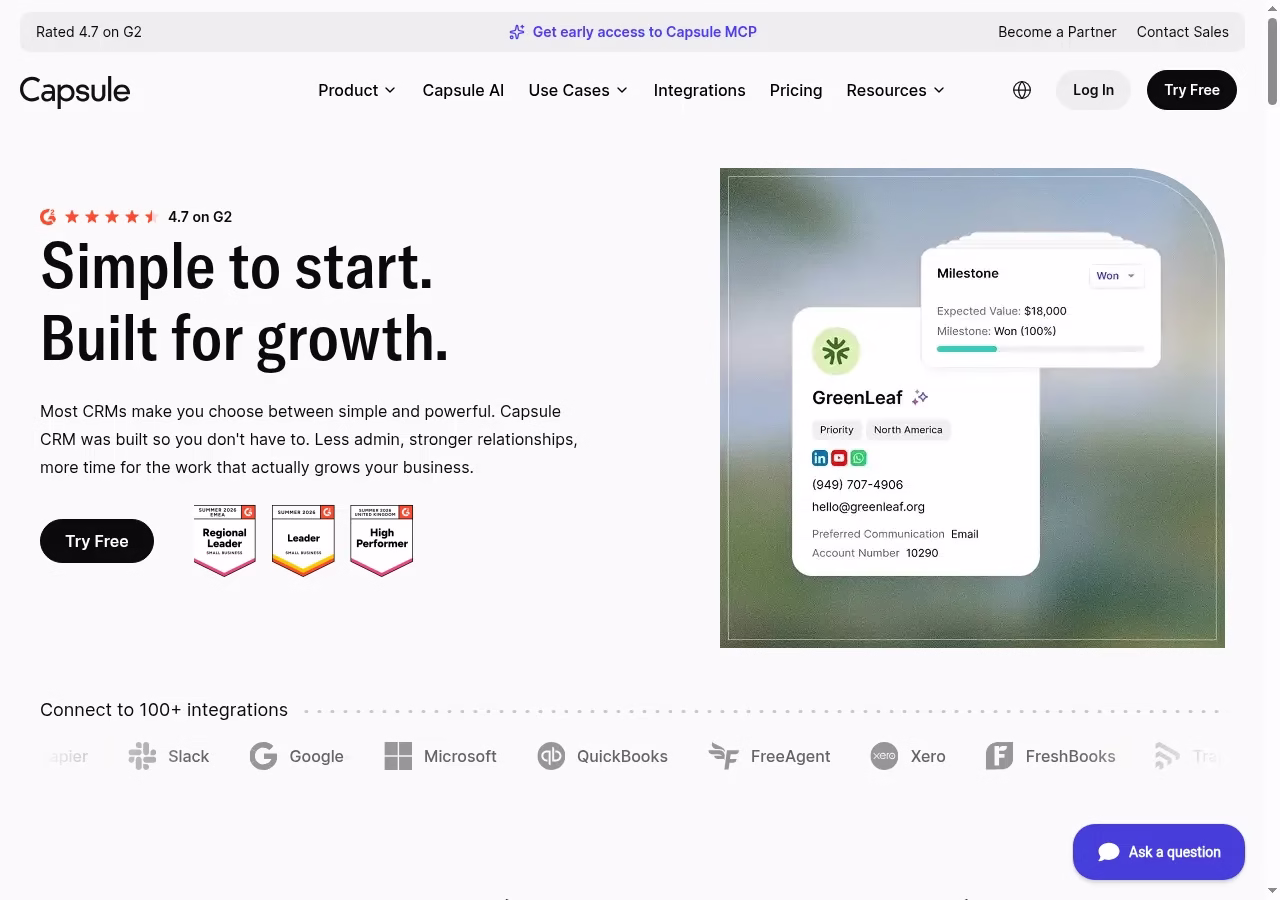Capsule official website hero showing its CRM product positioning
