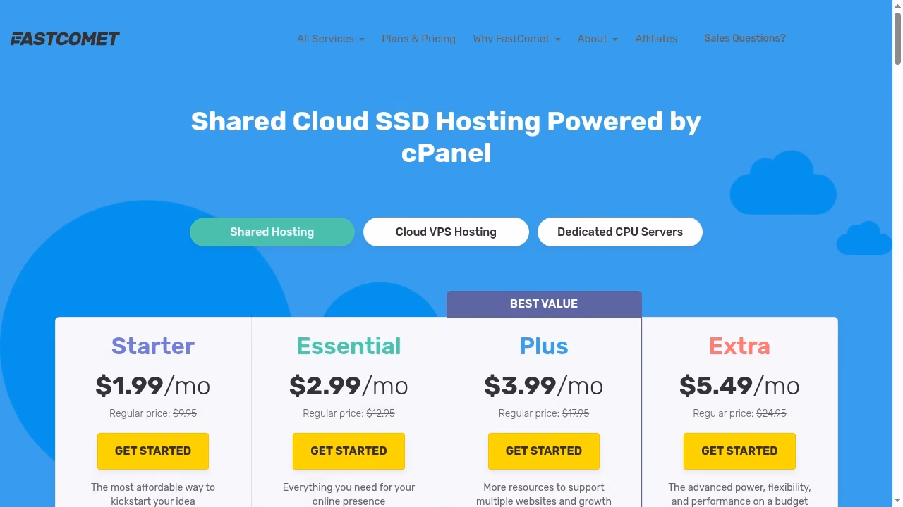 FastComet official shared-hosting pricing and plan limits