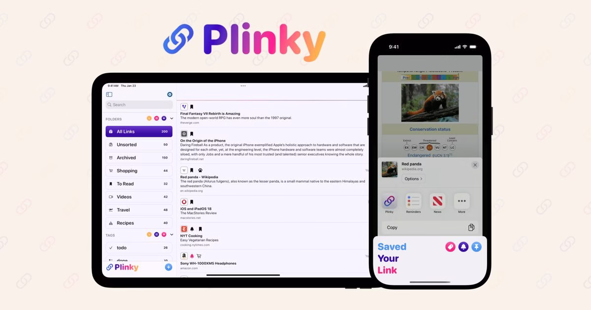 Plinky app homepage showing saved links on iPhone, iPad and Mac
