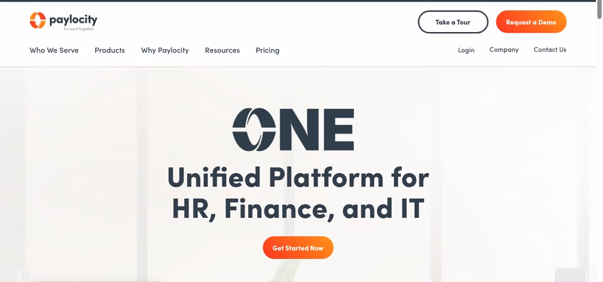 Paylocity homepage presenting one experience unifying HR, finance, and IT