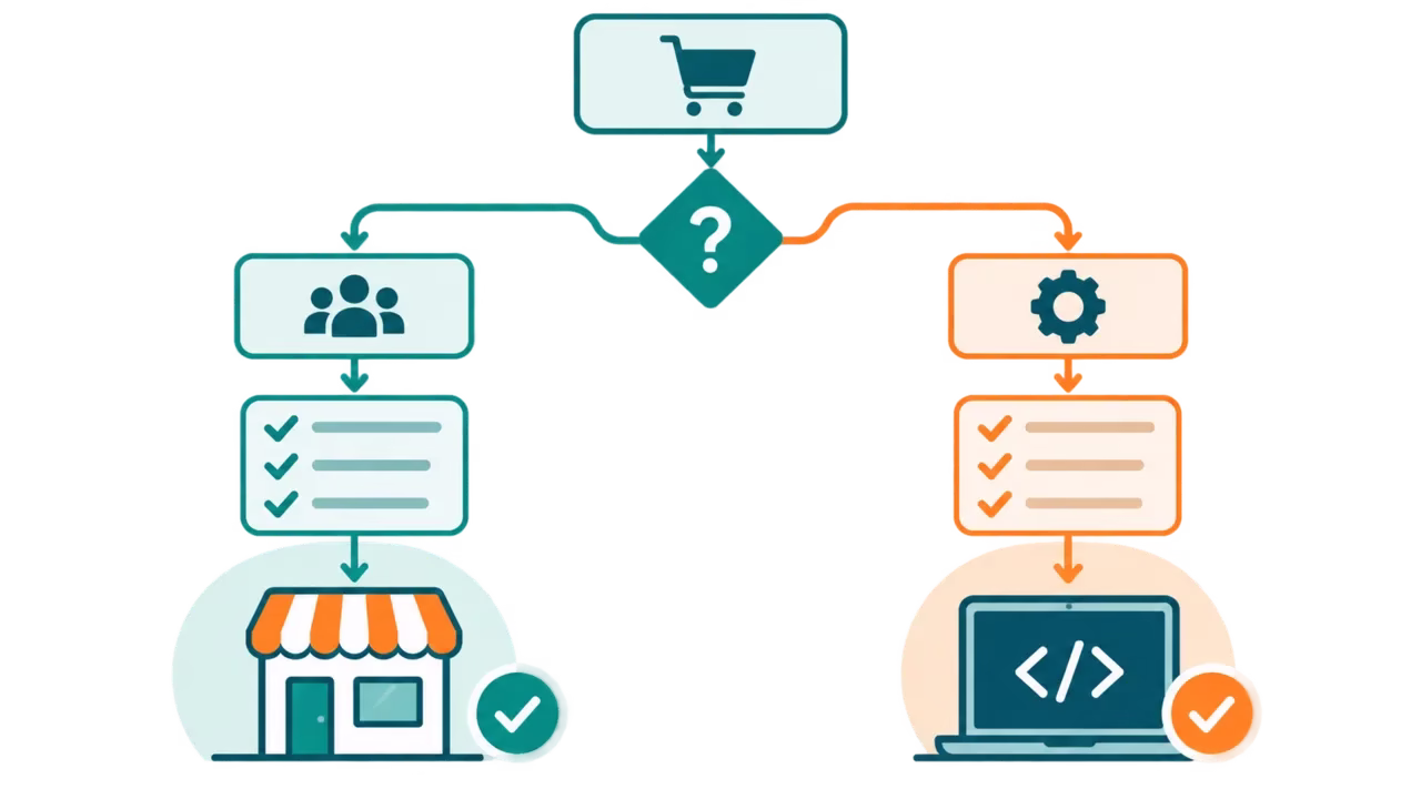 Decision flowchart branching between a hosted storefront and a custom coded build