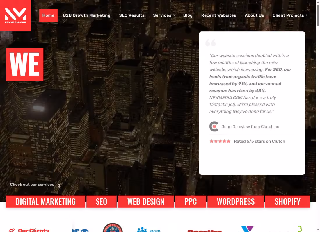 NEWMEDIA desktop homepage showing its current services