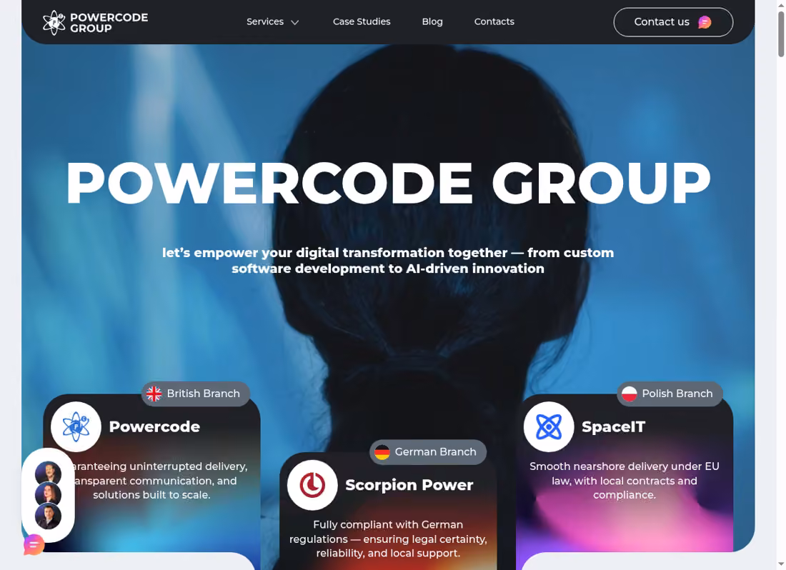 Powercode desktop homepage showing its current services