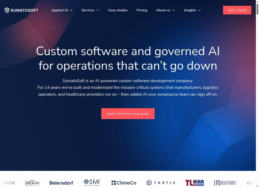 SumatoSoft desktop homepage showing its current services