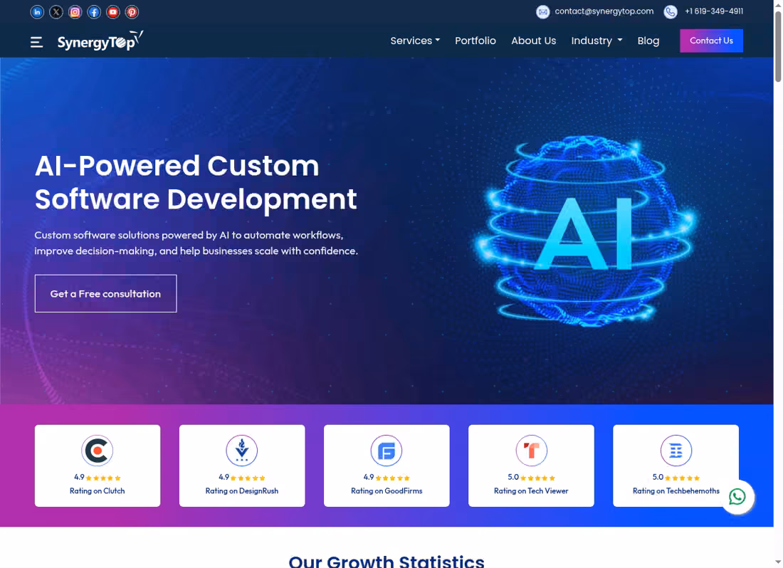 SynergyTop desktop homepage showing its current services