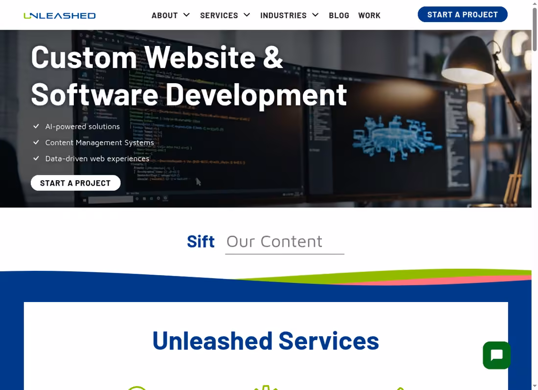 Unleashed Technologies desktop homepage showing its current services