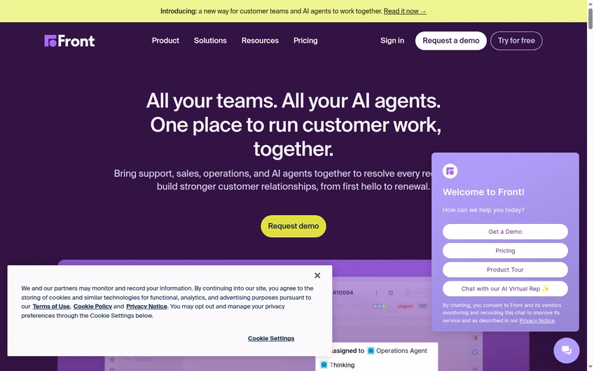 Front homepage describing one place to run customer work with AI agents