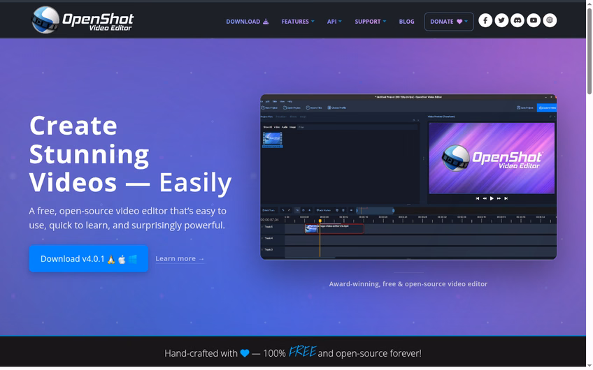 OpenShot homepage describing the free video editor as 100 percent free and open-source forever with no watermarks or subscriptions