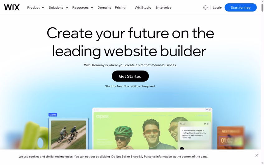 Wix homepage in October 2026, with the headline Create your future on the leading website builder