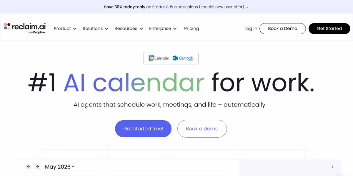 Reclaim homepage headline number one AI calendar for work with Google Calendar and Outlook logos