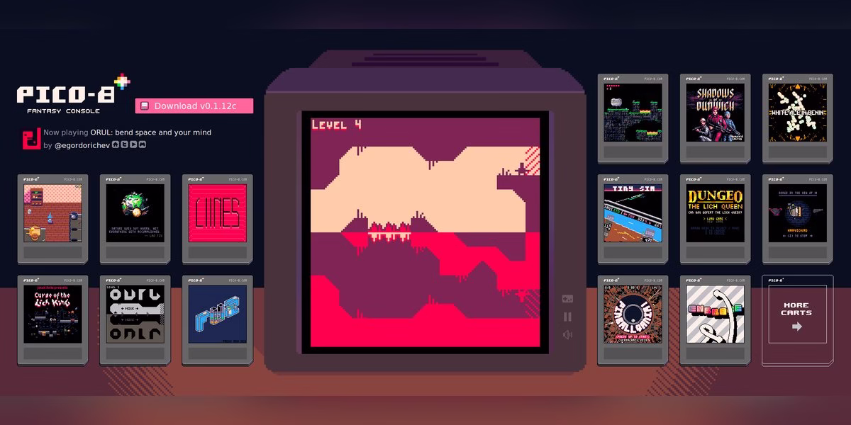 PICO-8 fantasy console shown with a grid of game cartridges