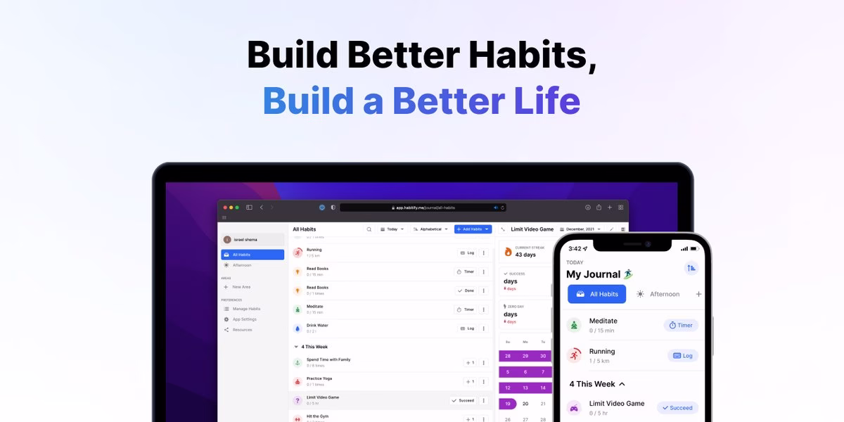 Habitify habit tracker shown on laptop and phone