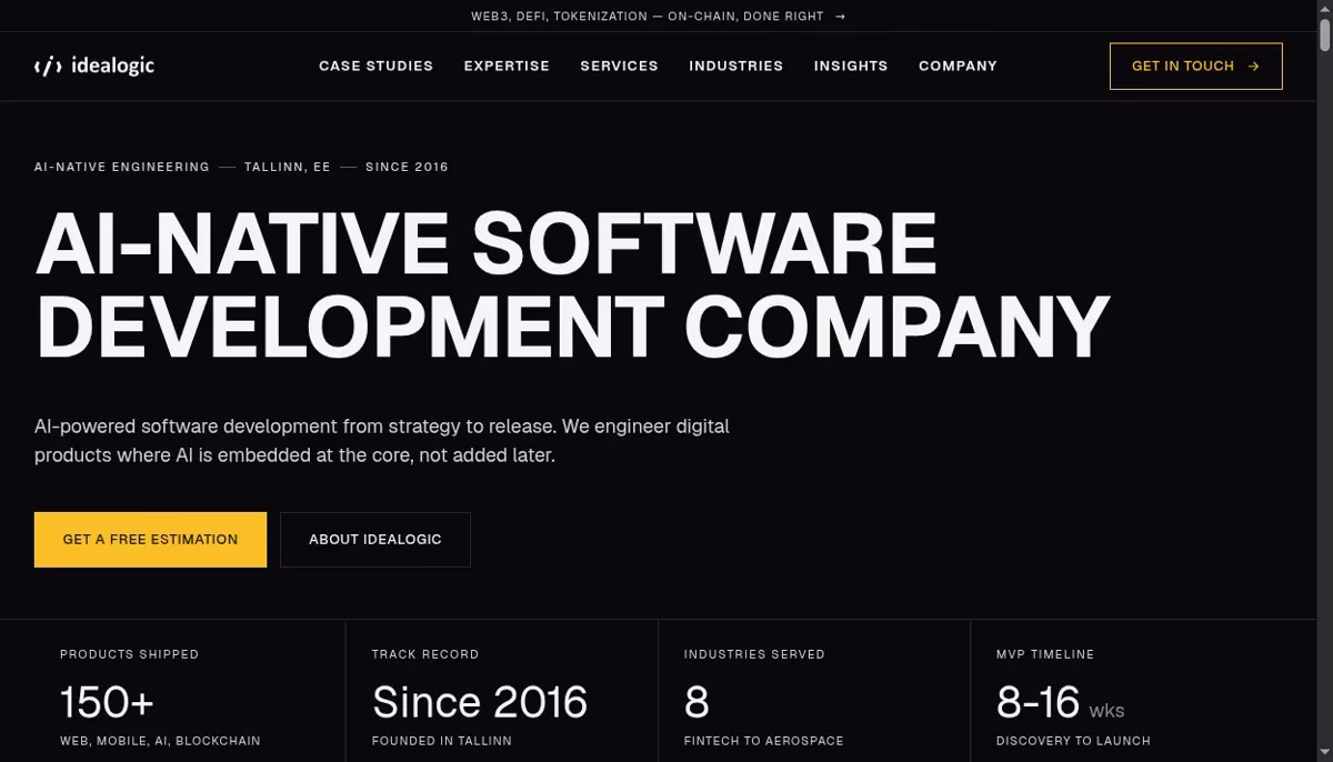 Idealogic official homepage showing AI-native software development services