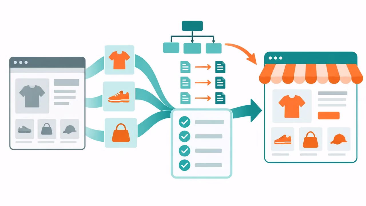 Illustration of products and a URL redirect map moving from an old website to a new storefront with a checklist in the middle