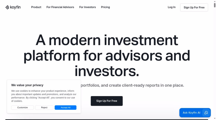 Koyfin homepage describing a modern investment platform for advisors and investors