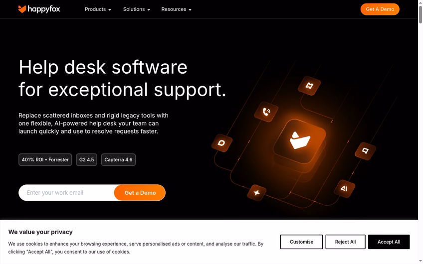 HappyFox homepage for its help desk software for exceptional support