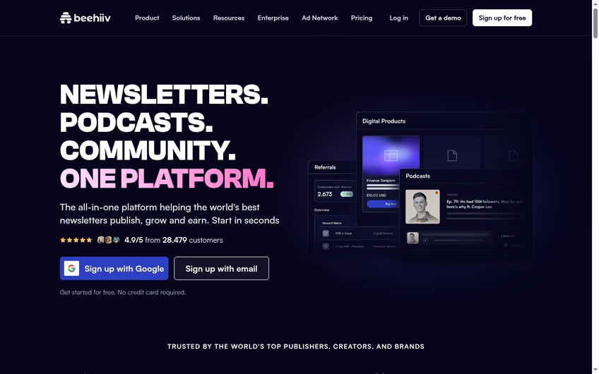 beehiiv homepage in October 2026, with the headline Newsletters. Podcasts. Community. One platform.