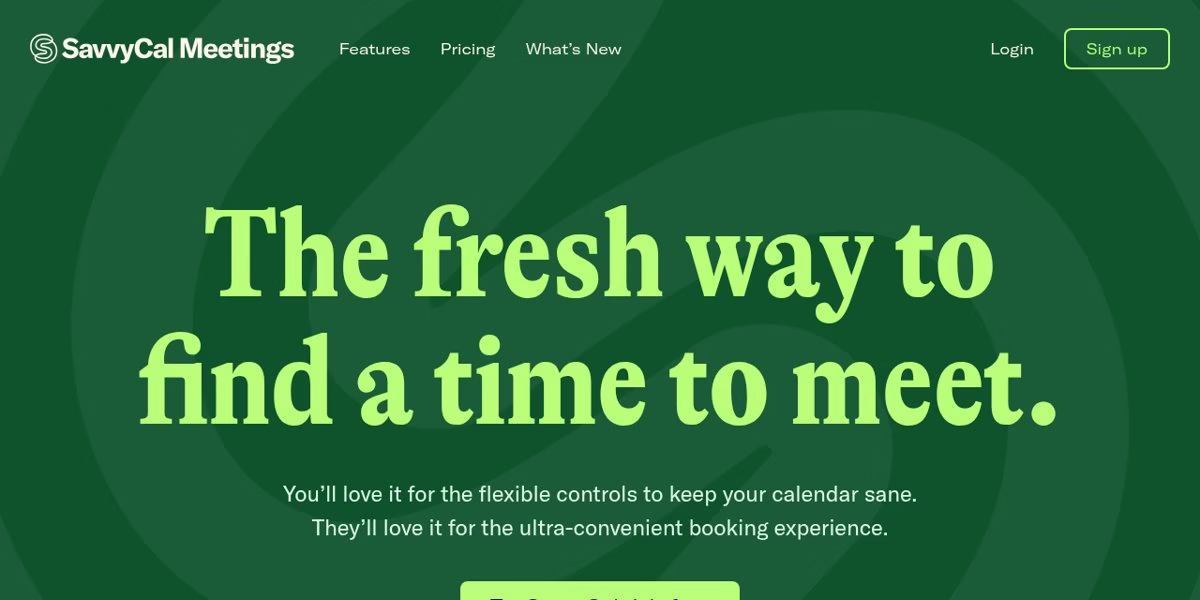 SavvyCal homepage headline The fresh way to find a time to meet on a green background