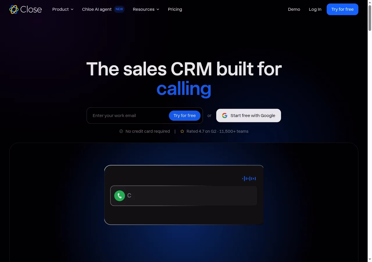 Close official website hero showing its CRM product positioning