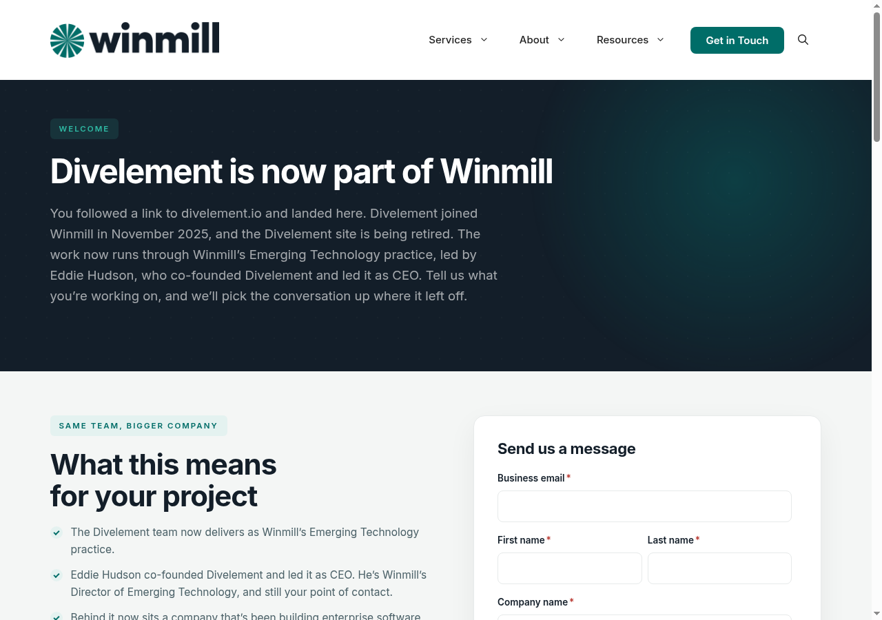 Divelement / current Winmill destination website captured October 5, 2026