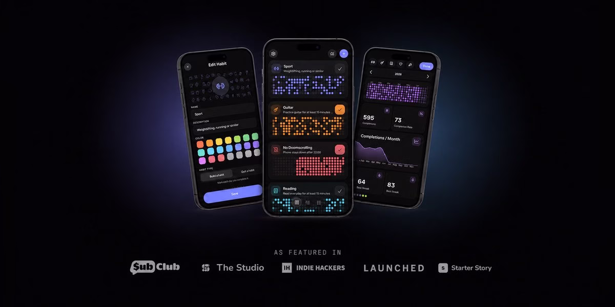 HabitKit habit tracker app screens on a dark background