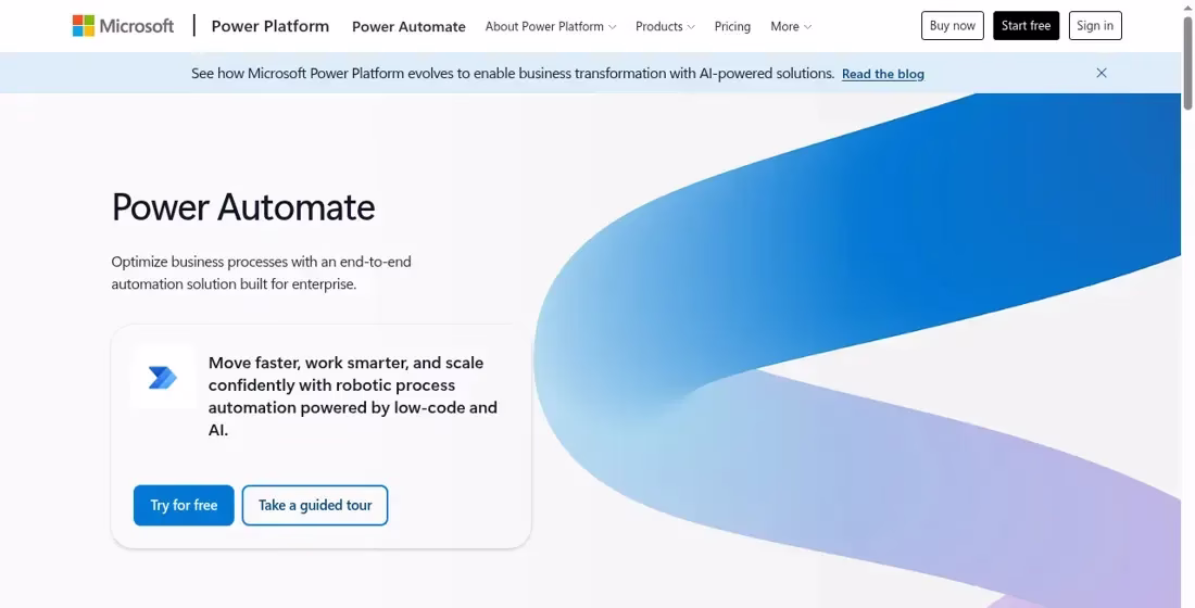 Microsoft Power Automate product page for business process automation