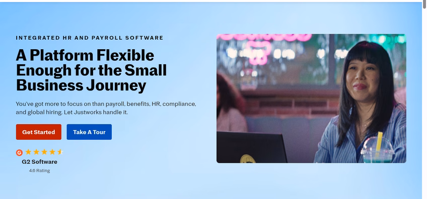 Justworks homepage presenting payroll, benefits, HR, and compliance for small businesses